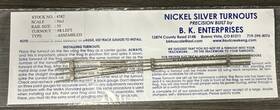 4382 B.k. Enterprises Bk Nn3 Or Z Scale #4382 #8 Left Hand Turnout Code 55 Nickel Silver