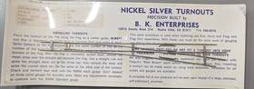 1481 Bk Enterprises N Scale 55 #8 Right Assembled Nickel Silver Turnout