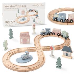 Comfy Cubs 810118116759 30-piece Wooden Train Set For Toddlers Natural Wood