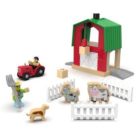 Mykafort 95930 Wooden Train Set Farm Expansion Pack Tractor Red Brown Gray