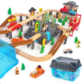 Woodenedu 612292719333 100pcs Wooden Train Set For 3 Year Old Boys Double-side Tracks Wit