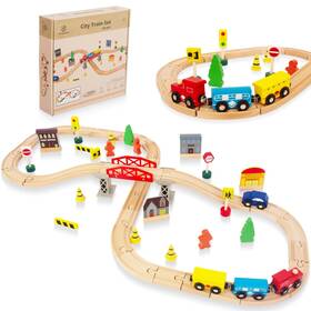 We4200 Woodenedu 60pcs Train Set For Toddlers Bridge And Double-side Large 61pcs